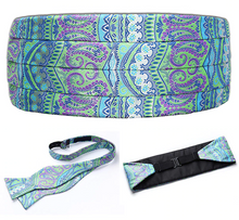 Load image into Gallery viewer, Sky Blue and Green Paisley Cummerbund Set