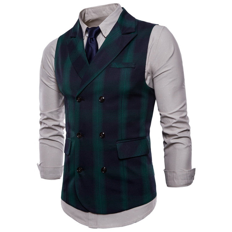 Black and Green Plaid Double Breasted Slim Fit Vest