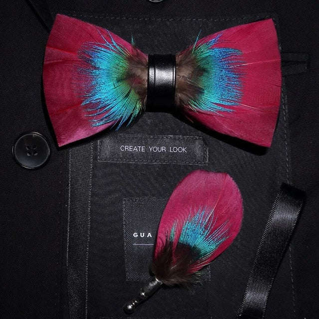 Ricnais Brand Designer Mens Fashion Feather Bow Tie Brooch Set Adjustable Formal Tie Bowtie Wedding Party with Gift Box