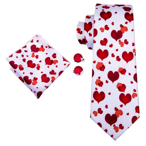 White and Red Hearts Silk Tie Set