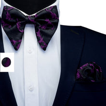 Load image into Gallery viewer, Deep Purple and Black Silk Butterfly Bowtie Set