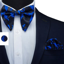 Load image into Gallery viewer, Royal Blue and Black Silk Butterfly Bowtie Set
