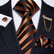 Load image into Gallery viewer, Black and Orange Gold Striped Tie Set