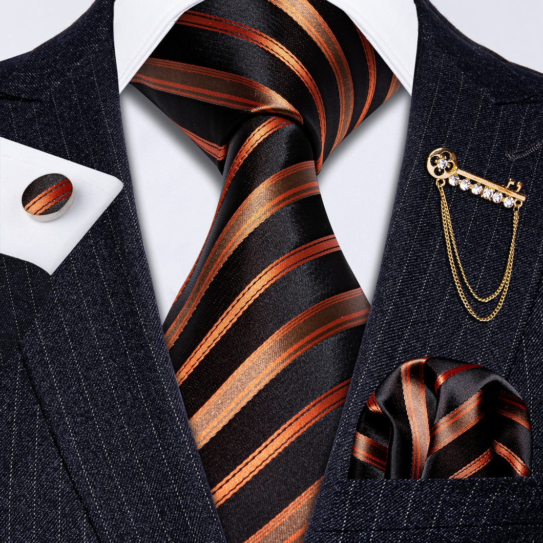 Black and Orange Gold Striped Tie Set