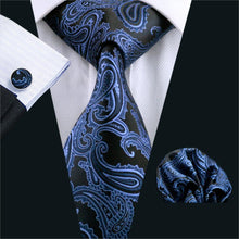 Load image into Gallery viewer, Blue and Black Paisley Tie Set