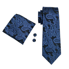 Load image into Gallery viewer, Blue and Black Paisley Tie Set