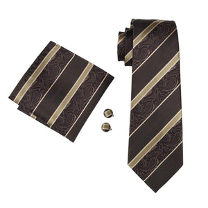 Brown and Gold Striped Paisley Tie Set