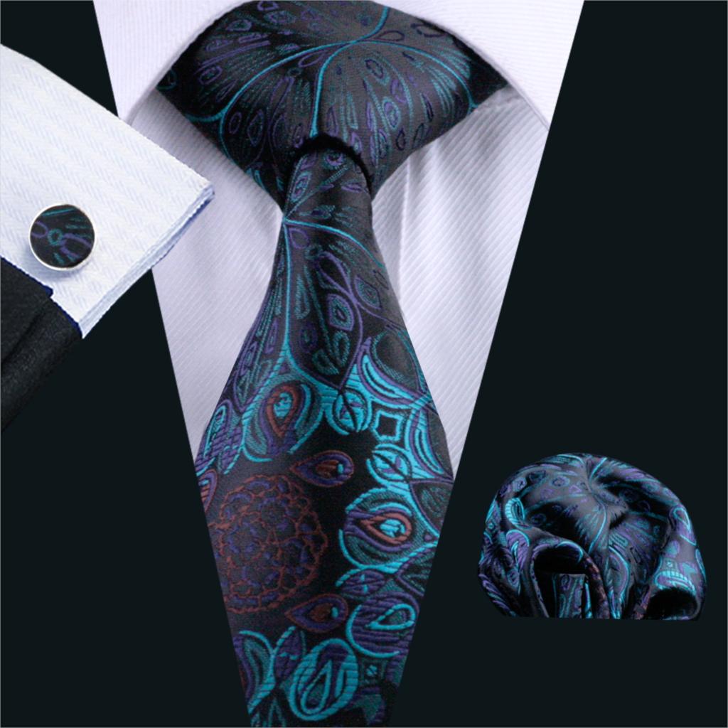 Turquoise and Black Floral Tie Set