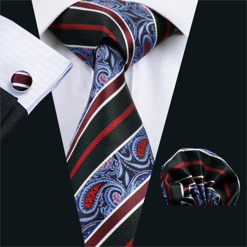 Blue and Red Striped Paisley Tie Set