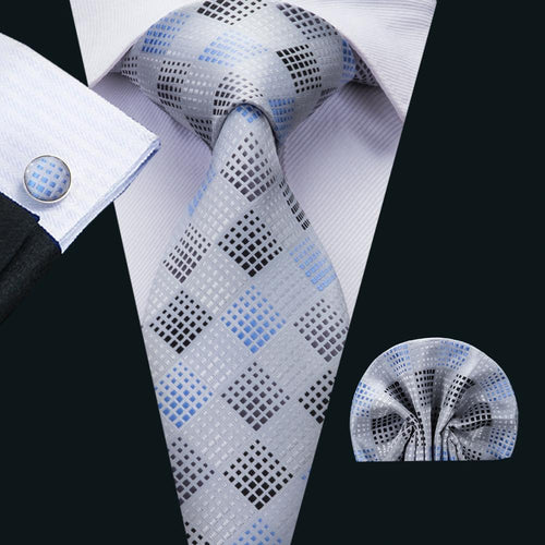 Black Blue and Silver Plaid Tie Set