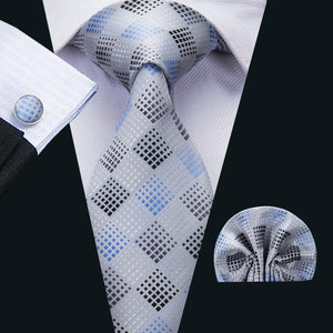 Black Blue and Silver Plaid Tie Set