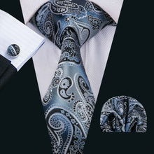 Load image into Gallery viewer, Blue Silver Paisley Tie Set