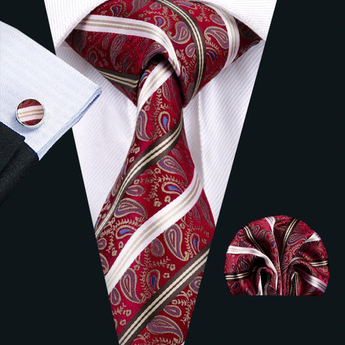White and Red Striped Paisley Tie Set
