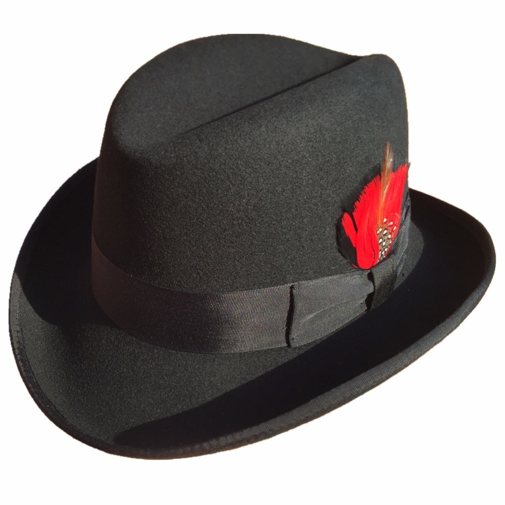 Classic Black Wool Felt Fedora with Red Pheasant Feather