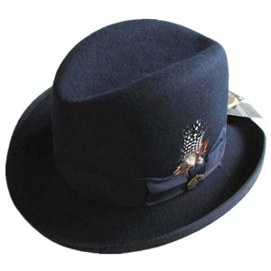 Classic Blue Wool Felt Fedora with Spotted Pheasant Feather