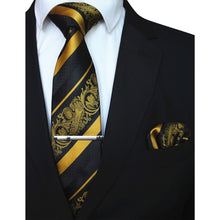 Load image into Gallery viewer, Black and Gold Striped Tie Set
