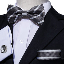 Load image into Gallery viewer, Black and Silver Striped Bow Tie Set