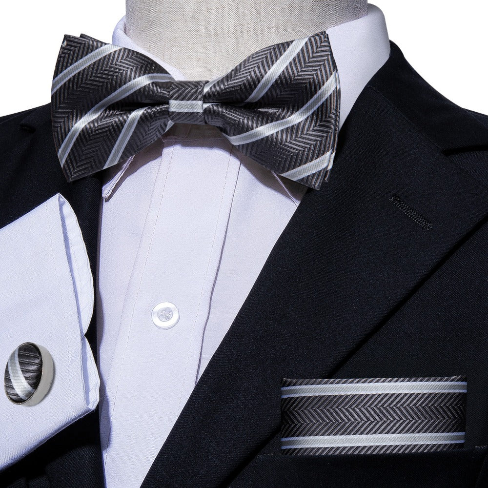 Black and Silver Striped Bow Tie Set