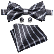 Load image into Gallery viewer, Black and Silver Striped Bow Tie Set