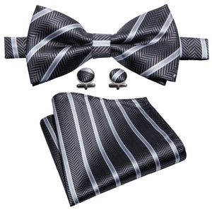 Black and Silver Striped Bow Tie Set