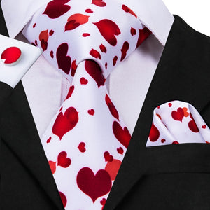 White and Red Hearts Silk Tie Set